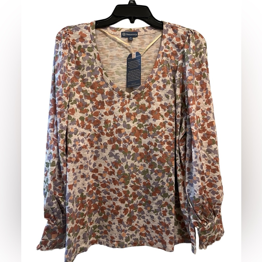 Democracy Rust, Purple, GreenMulti print V neck Long Sleeve Top